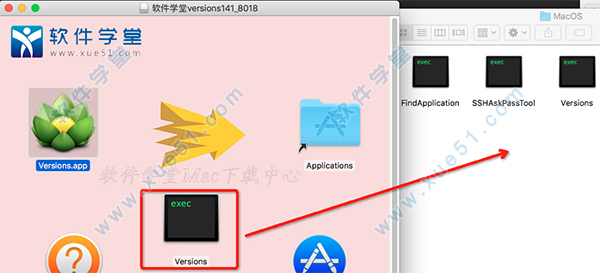 4将【Versions】拖入到上一步打开的【MacOS】文件夹